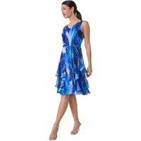 Roman Women's Abstract Print Frill Detail Dress in Blue | Size: 18
