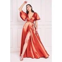 Flutter Sleeve Wrapover Satin Maxi Dress