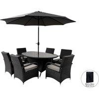 Furniture Maxi Aura 6 Seater Armchair Oval Rattan Garden Furniture Dining Set With Parasol in Black