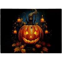 Warren Reed - Designer Spooy Pumpkin & Small Candles Glass Chopping Board in Orange