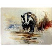 Warren Reed - Designer Wading Badger Watercolour Glass Chopping Board in Brown