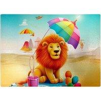 Warren Reed - Designer Lion On A Beach Holiday Glass Chopping Board in Yellow