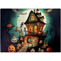Warren Reed - Designer Illustrations A Whimsical Haunted House Glass Chopping Board in Orange