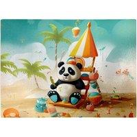Warren Reed - Designer Happy Panda On A Beach Holiday Glass Chopping Board in Yellow