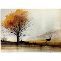 Warren Reed - Designer Autumn Landscape Stag Watercolour Glass Chopping Board in Brown