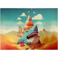 Warren Reed - Designer Shark On A Beach Holiday Glass Chopping Board in Yellow
