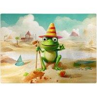 Warren Reed - Designer Happy Frog On A Beach Holiday Glass Chopping Board in Yellow