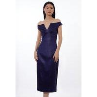 Italian Texture Satin Tailored Off Shoulder Panel Midi Dress