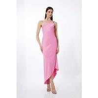 Satin Back Crepe Tailored One Shoulder Chain Detail Asymmetric Midaxi Dress