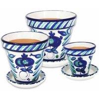 Verano Spanish Ceramics Granada Hand Painted White Set of 3 Classic Pots & Drainage Plates (D) 16-29cm