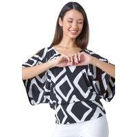 Roman Women's Geometric V-Neck Blouson Stretch Top in Black | Size: 20