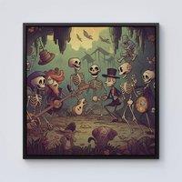 Warren Reed - Designer Cartoonish Skeletons Having A Party Framed Canvas in Black | Size: w10 inch x h10 inch