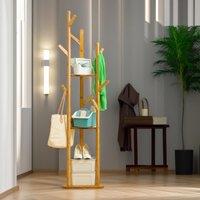 Rafaelo Mobilia Bamboo Coat Stand With 9 Hooks & 2 Shelves in Light Brown