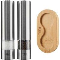 Cooks Professional Electric Salt & Pepper Mill Automatic Grinder with Bamboo Base in Silver