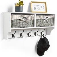 VonHaus Amory Hallway White Wall Mounted Coat Hooks with Wicker Baskets