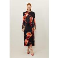 Rose Floral Woven Viscose Satin Midi Dress