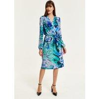 Liquorish Women's Turquoise Marble Print Midi Wrap Dress in Blue | Size: 10