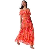 Roman Women's Floral Tiered Bardot Belted Dress in Orange | Size: 16