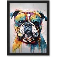 Artery8 Wall Art Print English Bulldog Dog Wearing Vintage Sunglasses Large Framed Wall Dcor Art in Brown | Size: W18 x H24