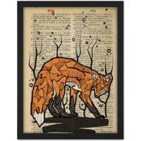 Artery8 Wall Art Print Upcycle Dictionary Fox Large Framed Wall Dcor Art in Light Oak | Size: W18 x H24
