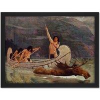 Artery8 Wall Art Print Brush The Moose Chase Hunting Native American Painting Large Framed Wall Dcor Art in Light Oak | Size: W18 x H24