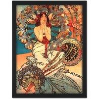 Artery8 Wall Art Print Mucha Art Nouveau Woman Floral Large Framed Wall Dcor Art in Light Oak | Size: W18 x H24