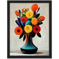 Artery8 Wall Art Print Midcentury Style Bright Floral Bouquet Flowers Painting Orange Yellow Red Turquoise Large Framed Wall Dcor Art