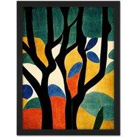 Artery8 Wall Art Print Simple Autumn Trees Orange on Blue Minimalist Matisse Style Painting Large Framed Wall Dcor Art in White | Size: W18 x H24