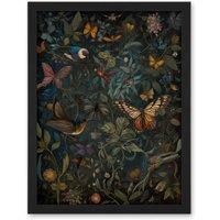 Artery8 Wall Art Print William Morris Style Plants Birds & Butterflies Large Framed Wall Dcor Art in Light Oak | Size: W18 x H24