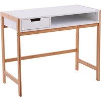 Orsina White 1 Drawer Desk, Durable Computer Desk with Natural Wood Legs, Study Table Bedside Desk for Home