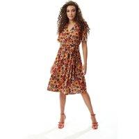 Liquorish Women's Floral Print Midi Wrap Dress in Orange & Red | Size: 8
