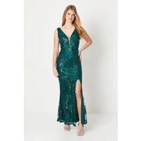 Debut London by Coast Embroidered Sequin Mesh Plunge Prom Dress