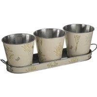 Orsina Set Of 3 Metal Flower Pots On Tray, Powder-Coated Planters, Plant Pot Display, Outdoor Plant Containers in Beige