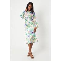 Printed Twist Front Long Sleeve Satin Midi Dress