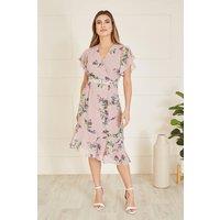 Yumi Women's Blush Wrap Over Midi Dress With Frill Details & Matching Belt in Pink | Size: 8