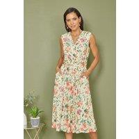 Yumi Women's Ivory Floral Print Mesh Stretch Midi Dress With Pockets | Size: 10