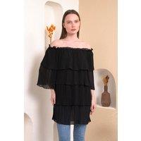 HOXTON GAL Women's Relaxed Fit Off-Shoulder Pleated Layer Detailed Blouse Top in Black
