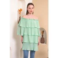 HOXTON GAL Women's Relaxed Fit Off-Shoulder Pleated Layer Detailed Blouse Top in Green