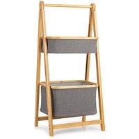Costway Bamboo Laundry Hamper Shelf 2-tier Laundry Toy Organizer with Solid A-shaped Frame & Linen Type Compartments in Natural