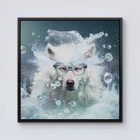 Warren Reed - Designer White Wolf With Glasses Splashart Framed Canvas in Black | Size: w10 inch x h10 inch