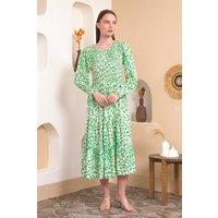 Relaxed Fit Round Neck Long Sleeves Leopard Printed Shirred Detailed Midi Dress