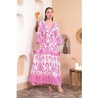 HOXTON GAL Women's Oversized Flutter Sleeves Shirred Waist Geometrical Print V Neck Maxi Dress in Pink