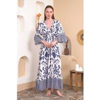HOXTON GAL Women's Oversized Flutter Sleeves Shirred Waist Geometrical Print V Neck Maxi Dress in Navy