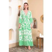 HOXTON GAL Women's Oversized Flutter Sleeves Shirred Waist Geometrical Print V Neck Maxi Dress in Green