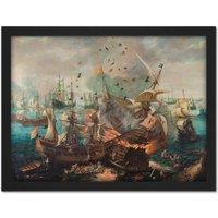Artery8 Wall Art Print Van Wieringen Battle Of Gibraltar 1607 Painting Large Framed Wall Dcor Art in Light Oak | Size: W18 x H24