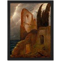 Artery8 Wall Art Print Bocklin Ruin By The Sea Large Framed Wall Dcor Art in Light Oak | Size: W18 x H24
