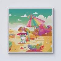 Warren Reed - Designer Kitten On A Beach Holiday Framed Canvas in Off-White | Size: w40 inch x h40 inch