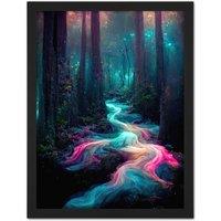 Artery8 Wall Art Print The Enchanted Forest Magical Fantasy River Large Framed Wall Dcor Art in Black | Size: W18 x H24