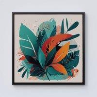 Warren Reed - Designer Green Orange Tropical Leaves Framed Canvas in Black | Size: W30 x H30