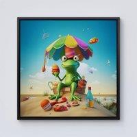 Warren Reed - Designer Frog On A Beach Holiday Framed Canvas in Black | Size: w40 inch x h40 inch